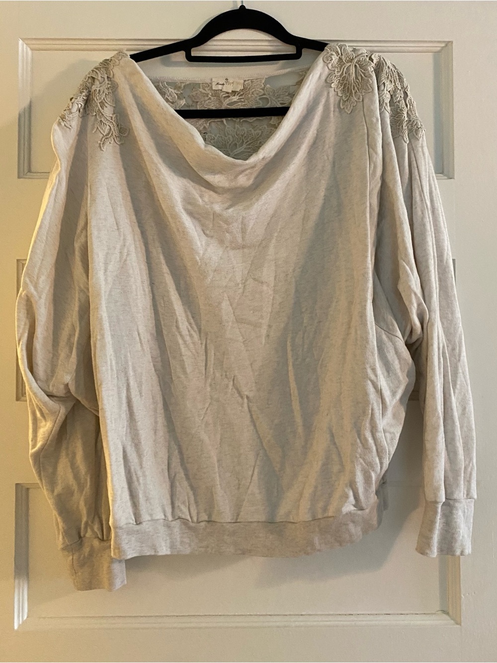 Anthropologie Cream Metallic Lace Overlay Batwing Sweatshirt